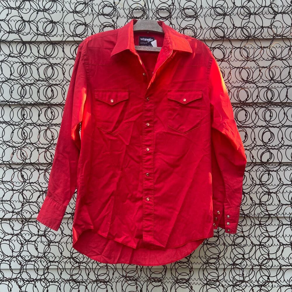 Vintage Wrangler Red Long Sleeve Pearl Snap Western Cowboy Dress Shirt 15 1/2x33